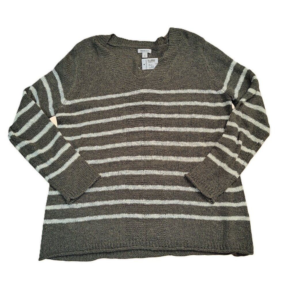 Westport Women's Knit Pullover Olive Green Striped Long Sleeve Work Sz XL